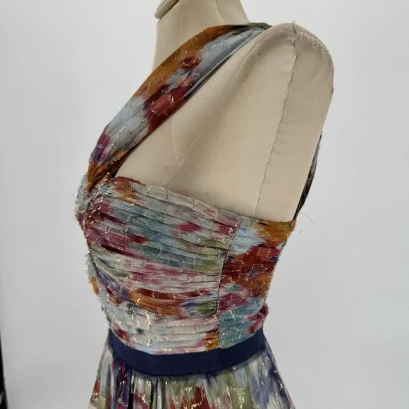 BCBGMAXAZRIA Inga Silk Metallic Dress One Shoulder Watercolor Pleated Size 2 - Picture 7 of 8